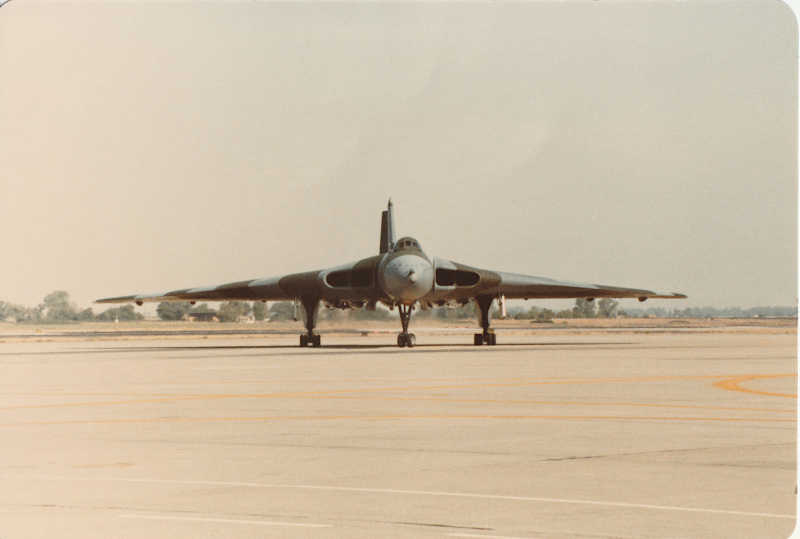 Avro Vulcan RAF strategic bomber arrives Castle AFB for display at Castle Air Museum.  Circa 1983